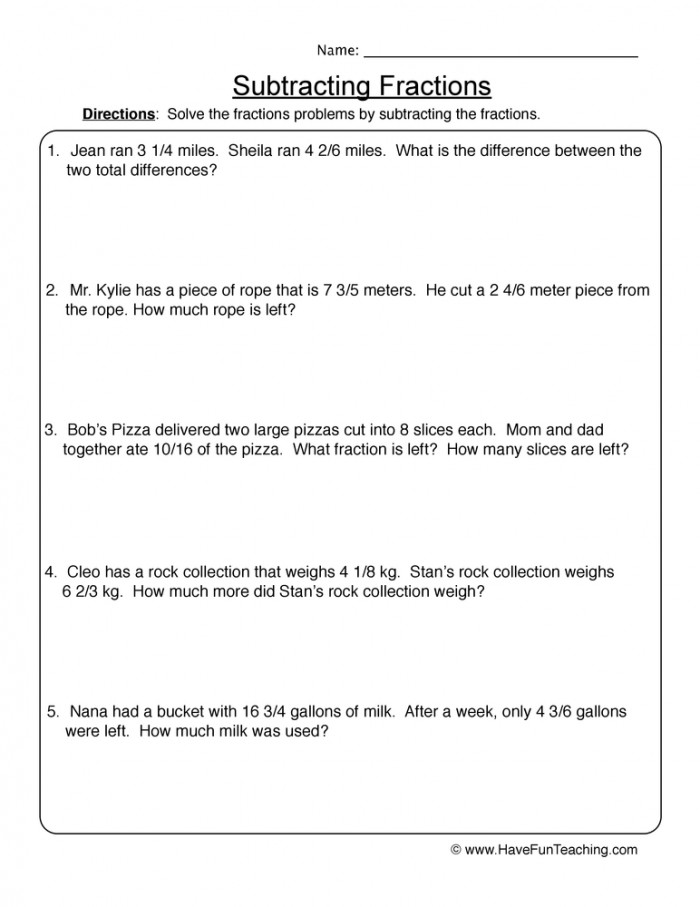 Subtracting Fractions Word Problems Worksheet  Have Fun Teaching