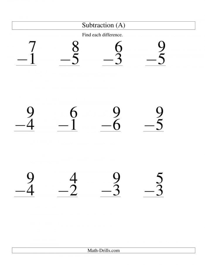 Subtracting Two Single Digit Numbers Worksheets Large Numbers