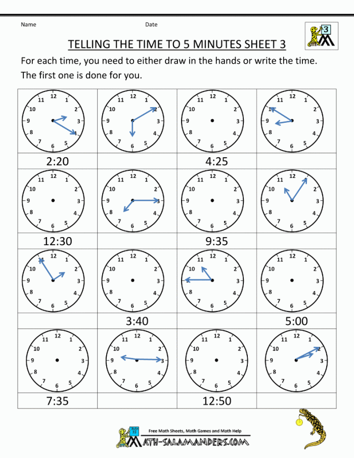 Telling Time Clock Worksheets To  Minutes
