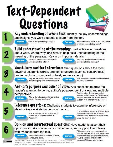Text Dependent Questions For Higher Order Thinking Common Core