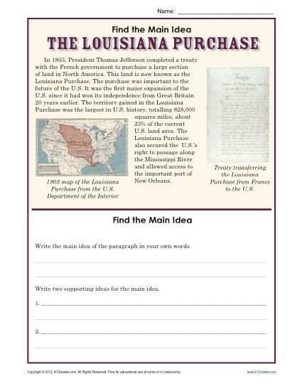 Th Grade Main Idea Worksheet About The Louisiana Purchase With