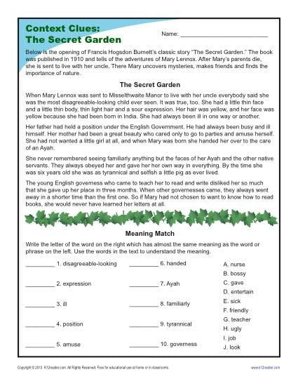 The Secret Garden: Reading Comprehension Worksheets | 99Worksheets