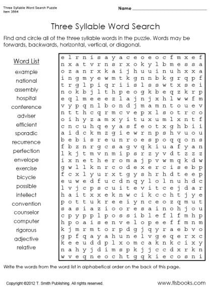 Three Syllable Word Search Puzzle