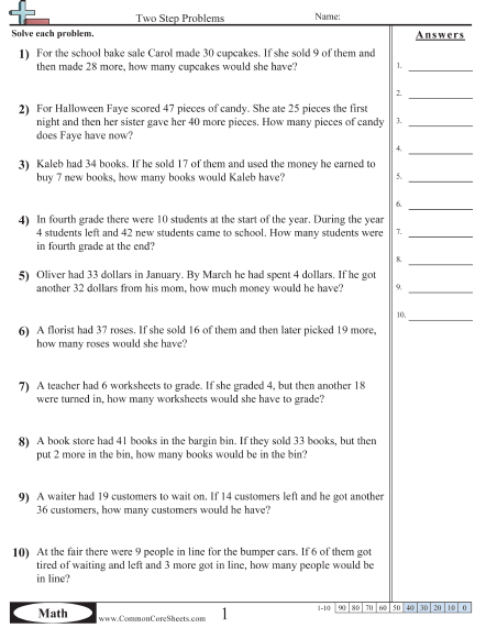 Two-Step Addition And Subtraction Word Problems Check-In Worksheets