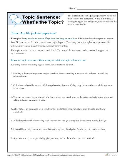 Topic Sentences Worksheets Free