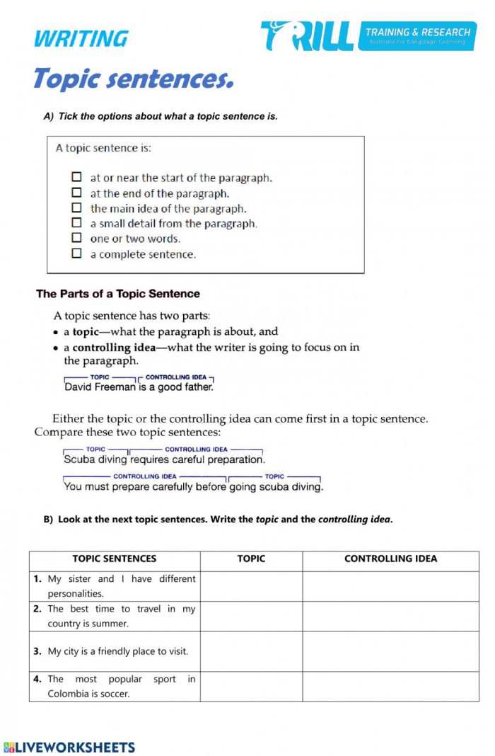 Topic Sentence Worksheet With Answers Pdf