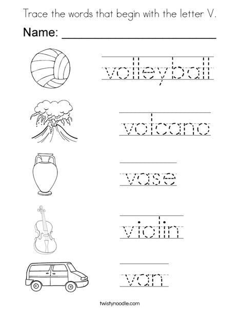 Trace The Words That Begin With The Letter V Coloring Page