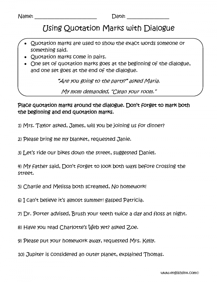 Punctuating Sentences With Quotation Marks Worksheets