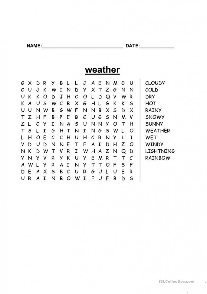 Weather Word Search Puzzle Worksheets | 99Worksheets