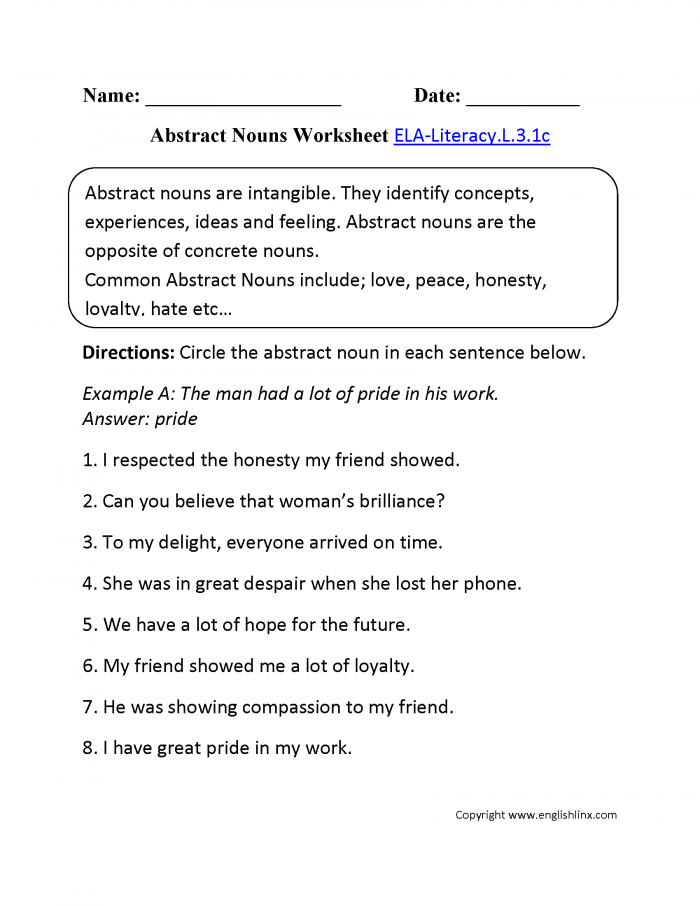 Abstract Nouns Worksheet  Ela