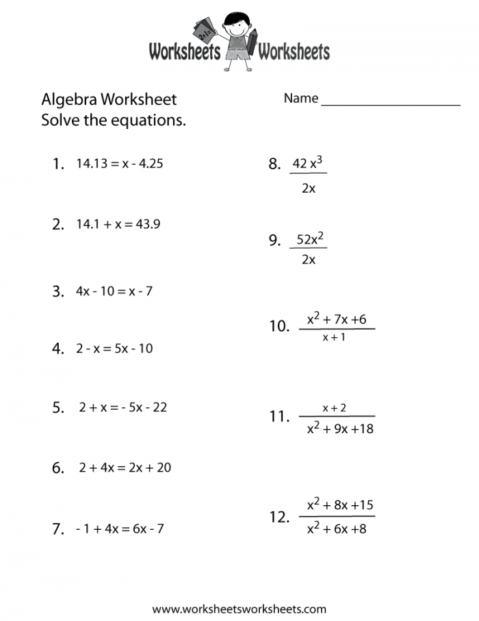 Algebra Practice Worksheet Printable