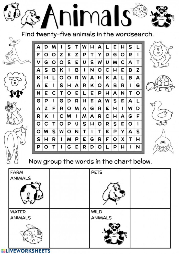 word search animal worksheets 99worksheets