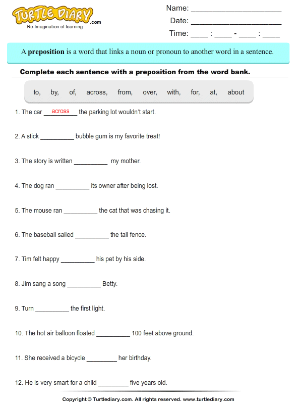 Preposition In Sentences Worksheet With Answers
