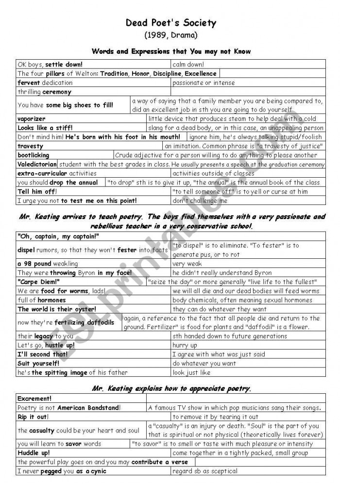 Dead Poets Society Vocabulary Worksheet