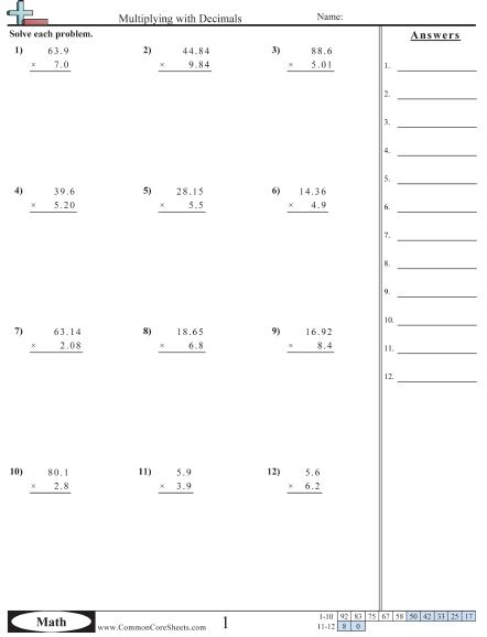 Multiplying Decimals Worksheets | 99Worksheets