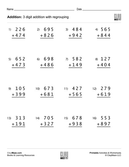 Addition With Regrouping Free Printable Worksheets