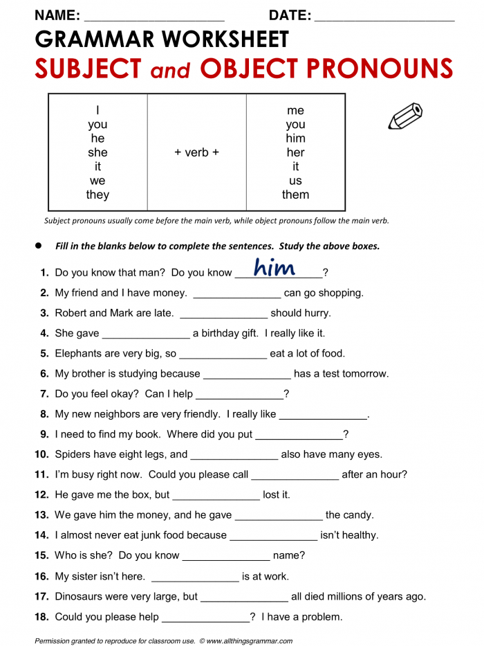 Object Pronouns Worksheet For Grade 2 Pdf