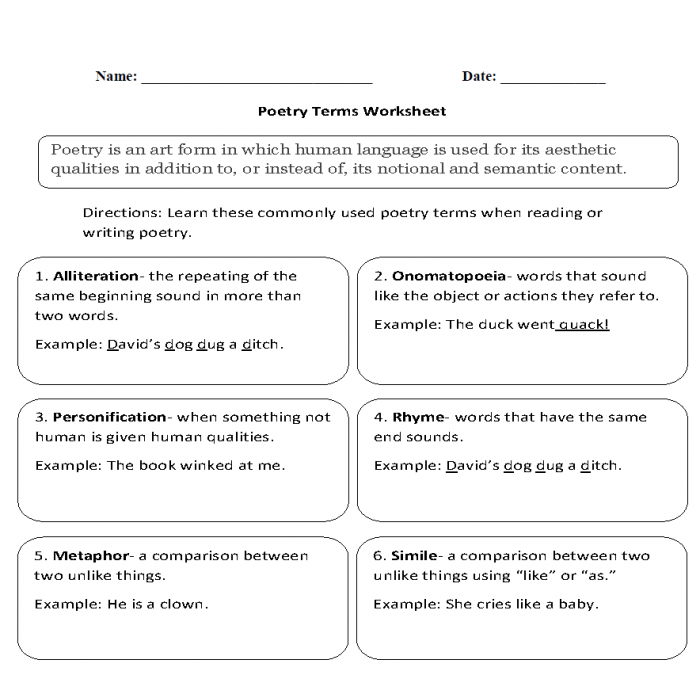 Types of poetry worksheet