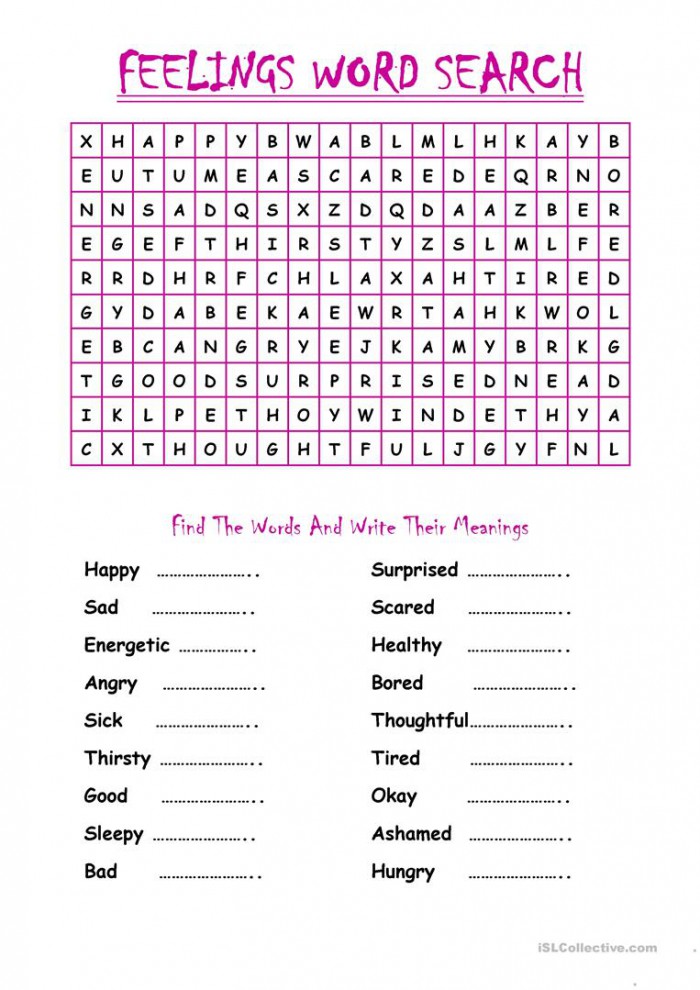 Word Search: Feelings Worksheets | 99Worksheets