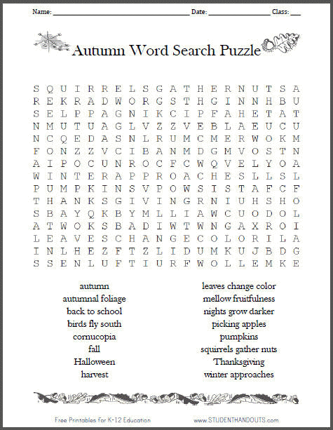 Free Autumnfall Word Search Puzzle Printable