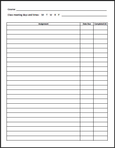 Free Printable High School And College Course Assignment Planner