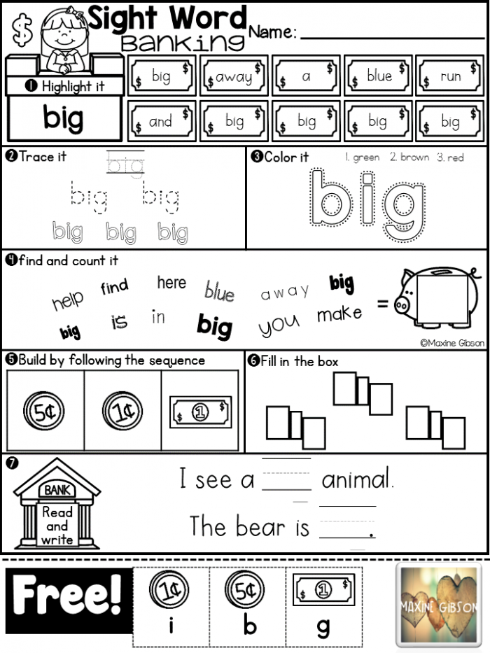 Free Sample Sight Word Banking Pre