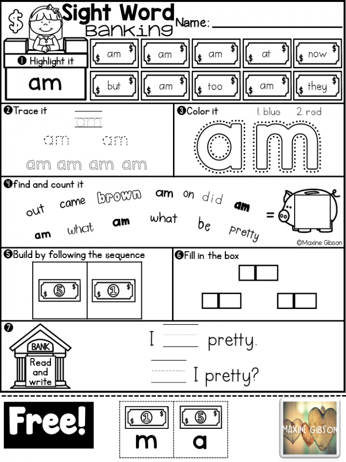 Free Sample Sight Word Banking Primer With Images