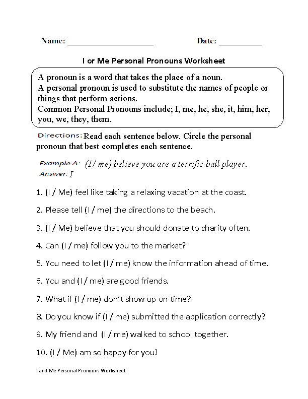 I Or Me Personal Pronouns Worksheet Part  Beginner