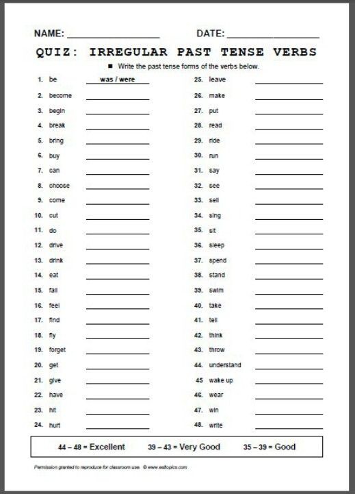 Worksheet For Irregular Verbs In Past Tense