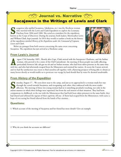 Journal Vs Narrative Activity Sacajawea By Lewis And Clark
