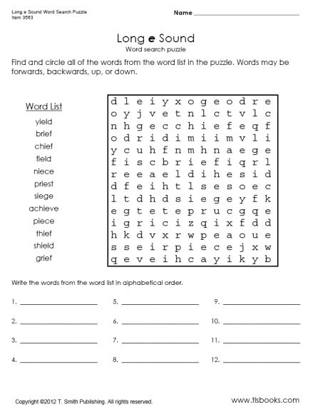 Long E Word Search Puzzle