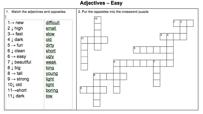 Matching And Crossword Puzzle For Learning Basic Adjectives