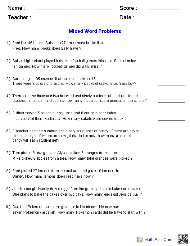Mixed Word Problems Printables