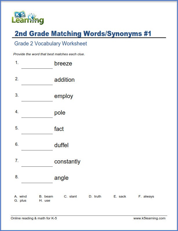Nd Grade Vocabulary Worksheets  Printable And Organized By