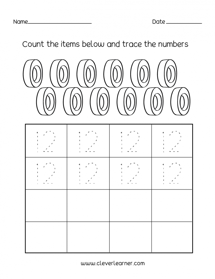 Number Twelve Writing  Counting And Identification Printable