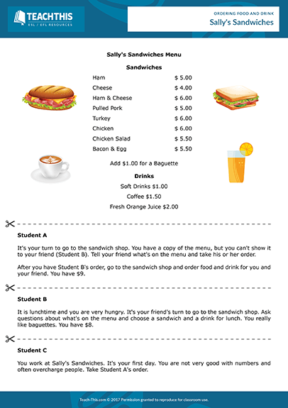 Ordering Food Drink Esl Restaurant Role