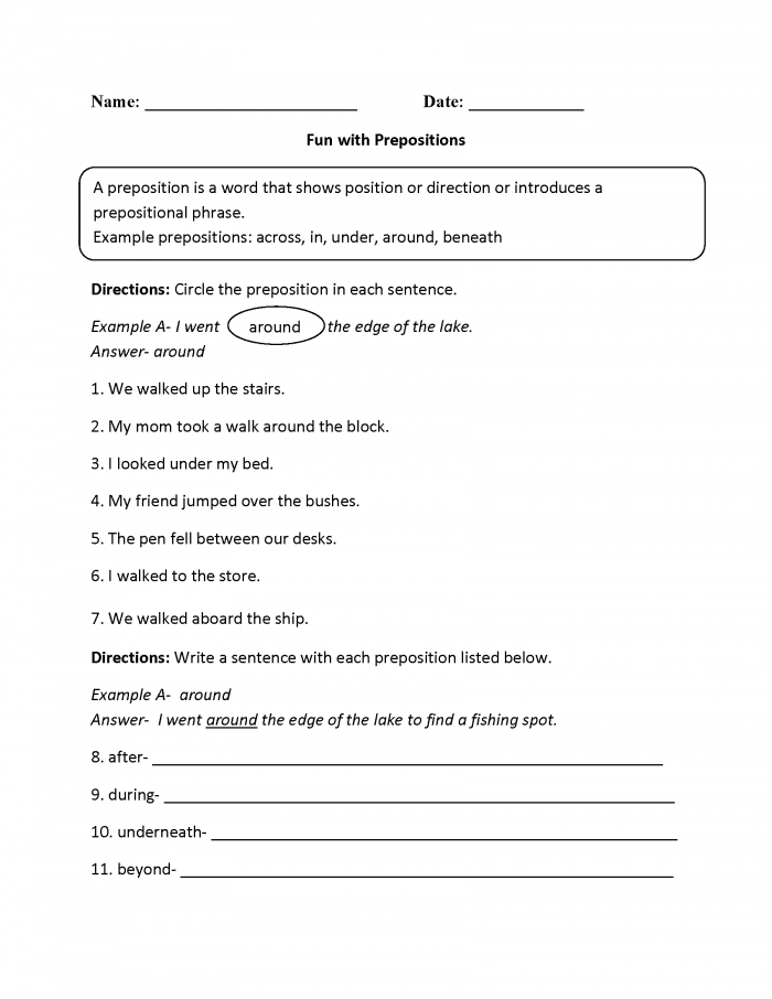 Prepositional Phrases Ks2 Worksheets