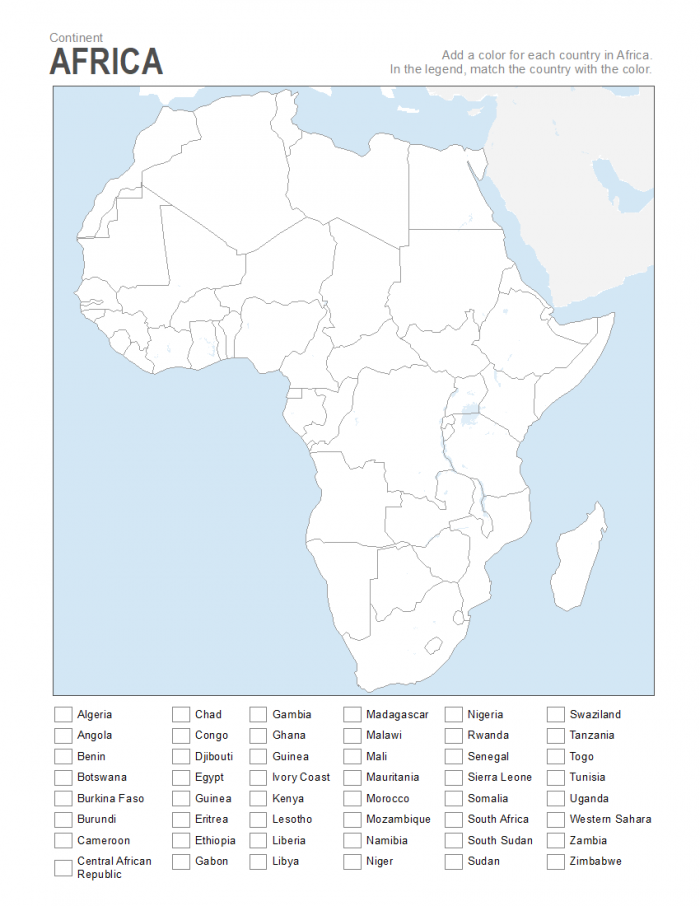 Color The Continents: Africa Worksheets | 99Worksheets
