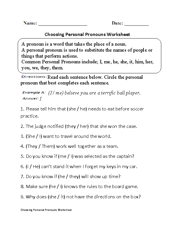 Pronouns Worksheets