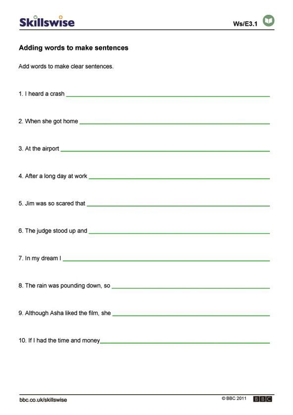 Creating Sentences Worksheet