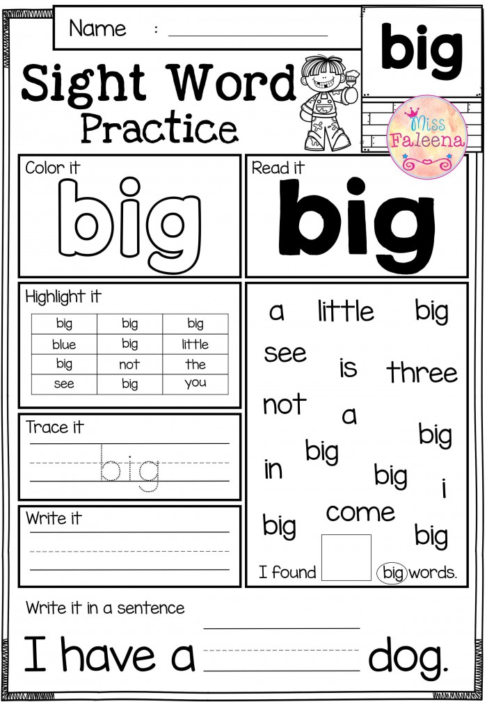 Kindergarten Sight Words: As To Big Worksheets | 99Worksheets