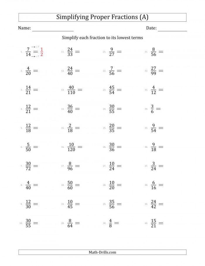 Simplifying Proper Fractions To Lowest Terms Easier Questions A