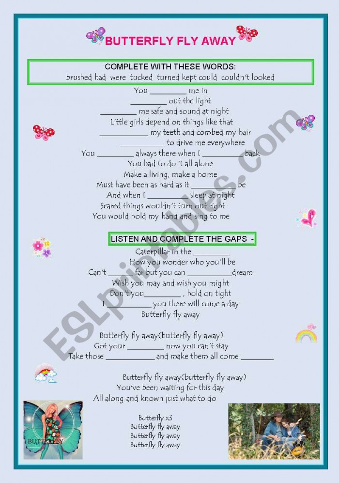 Song Worksheet Butterfly Fly Away