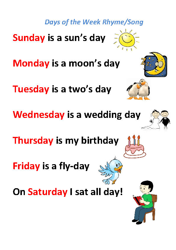 Song Worksheet Days Of The Week Rhyme Song