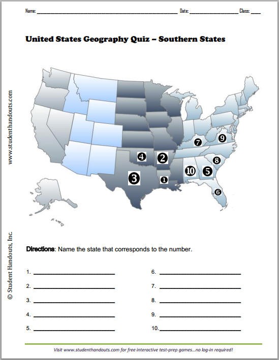 Southern States Map Quiz Worksheet