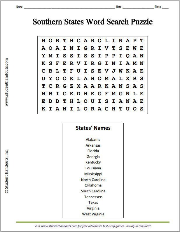 Southern Us States Word Search Puzzle Worksheet