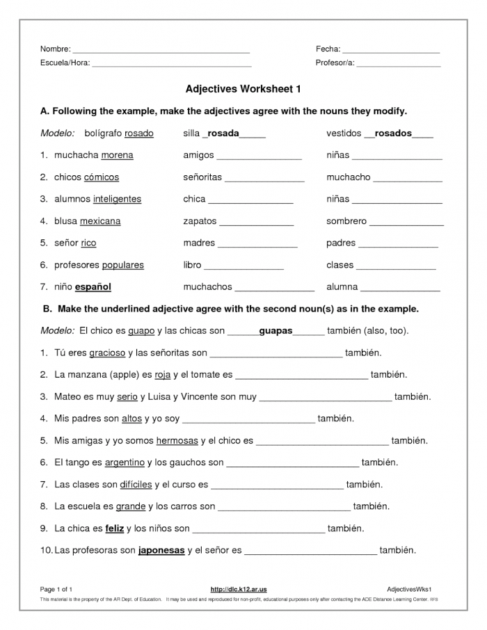 Agreement Of Adjectives Spanish Worksheet Answer Key