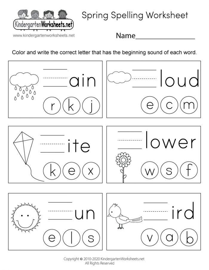 Spring Spelling Worksheet For Kindergarten