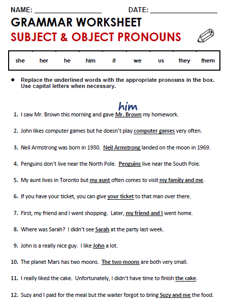 worksheet pronouns grade 6