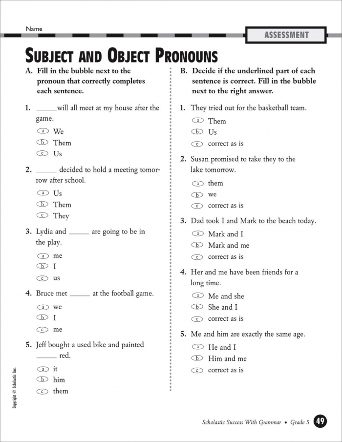 Subject And Object Pronouns Worksheet For Grade 1